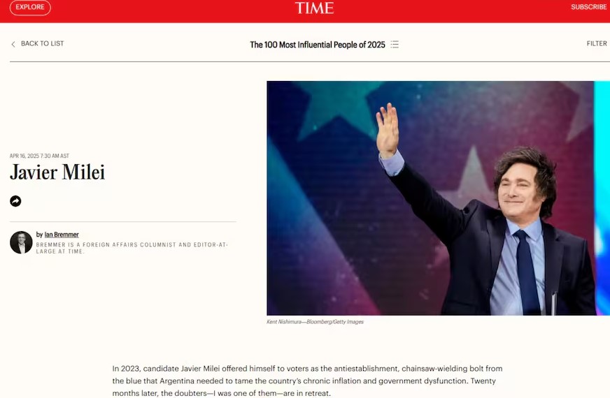 Javier Milei fue elegido por la revista Time entre las 100 personalidades más influyentes del mundo